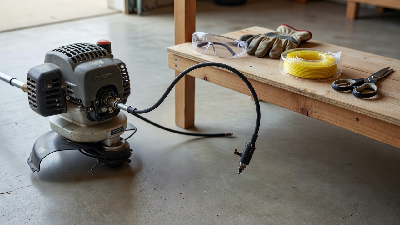 Gas trimmer with its spark plug wire disconnected before restringing.