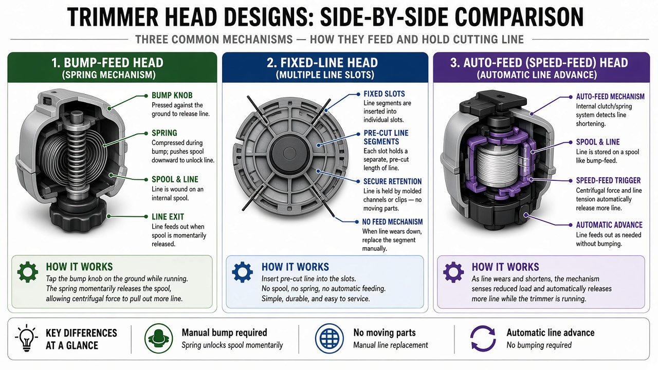 Three trimmer head types compared: bump-feed with spring, fixed-line with slots, and auto-feed mechanism