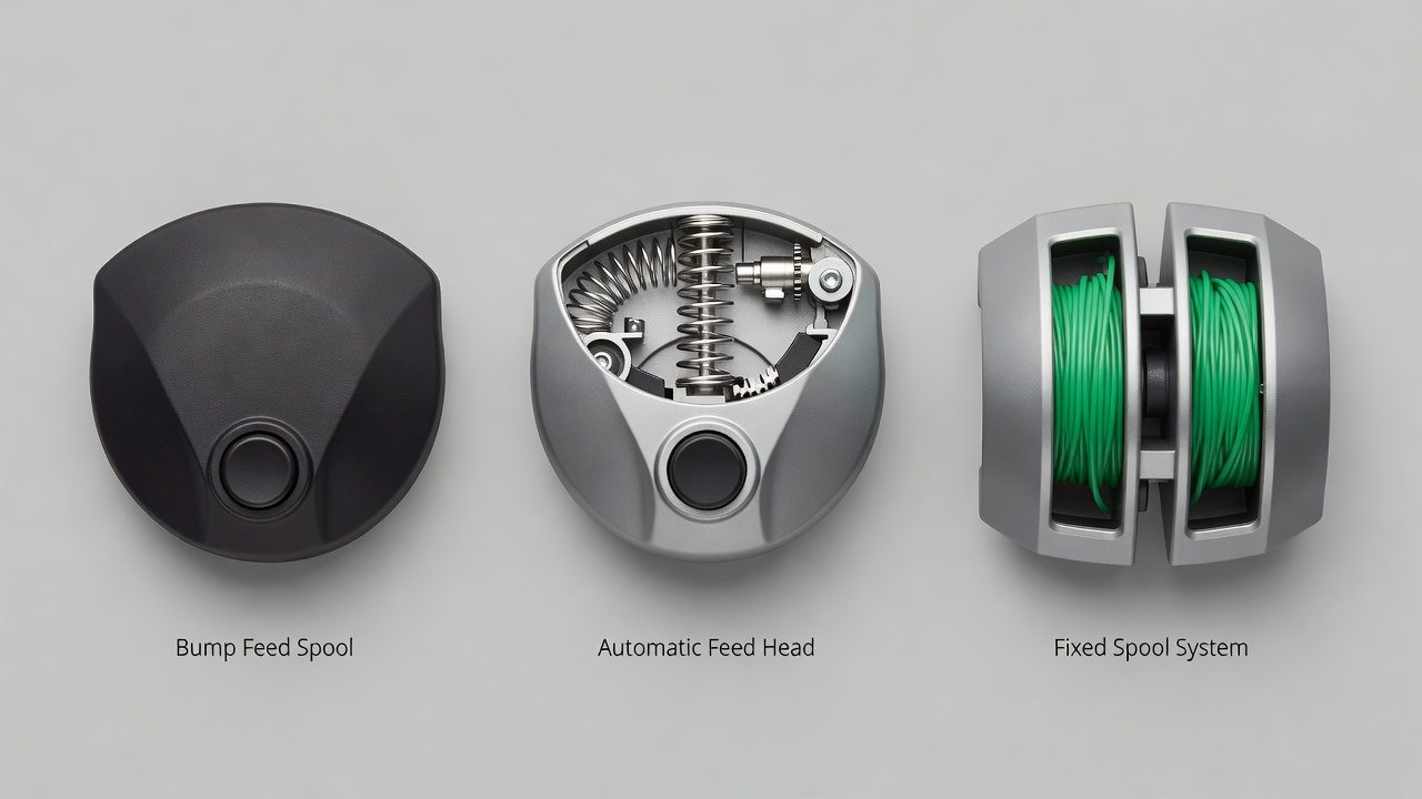 Three types of trimmer head systems displayed side by side: bump feed, automatic feed, and fixed spool