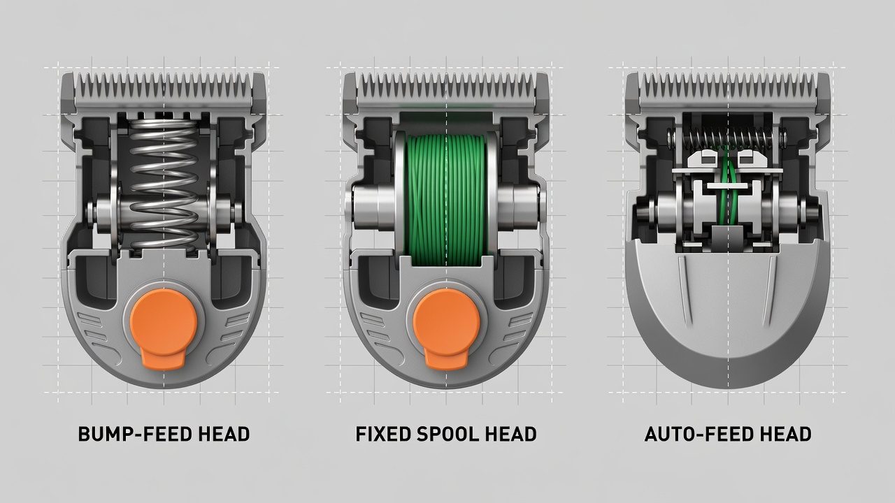 Three common weed wacker trimmer head types displayed in cutaway illustration