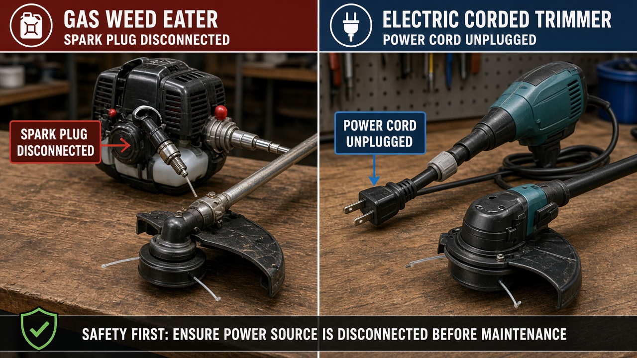 Gas and electric weed eaters prepared safely for restringing with spark plug disconnected and cord unplugged