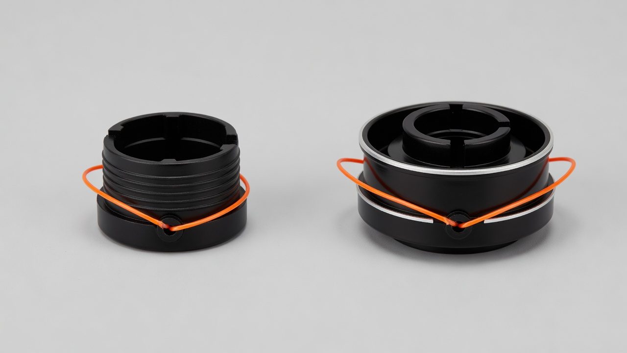 Comparison of single-line and dual-line trimmer heads showing eyelet placement