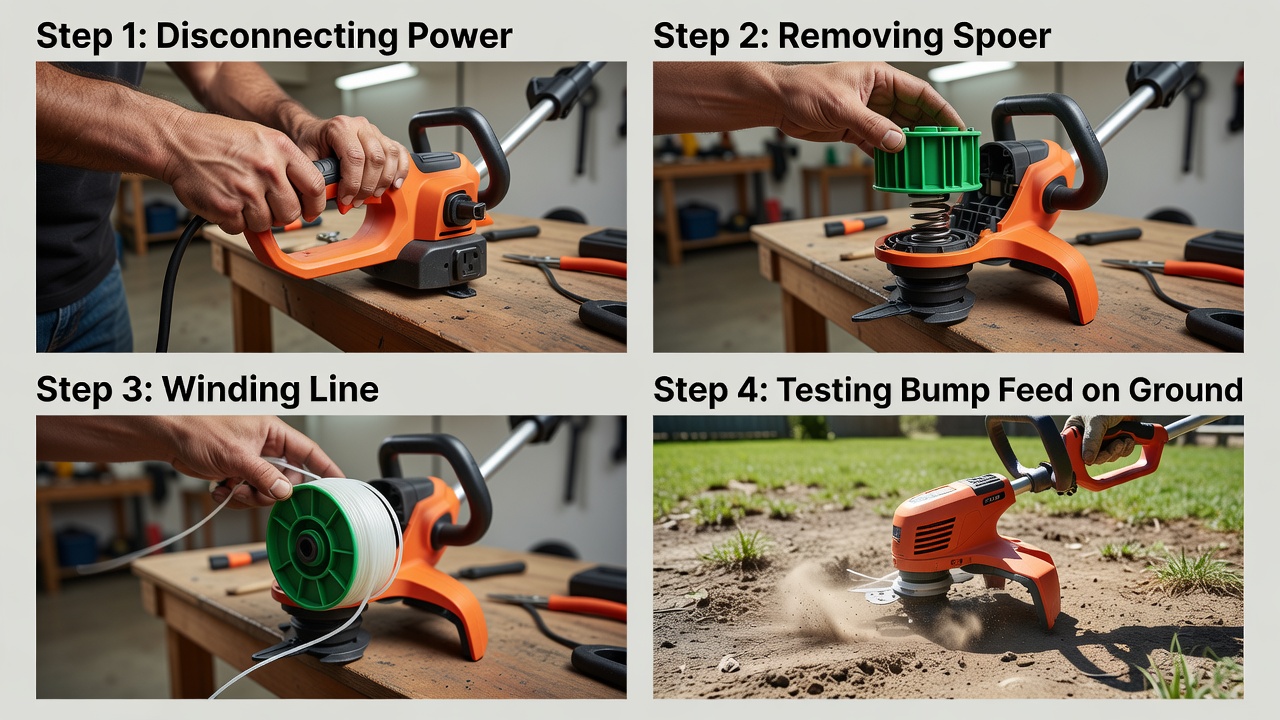 Visual summary of how to rethread a weed wacker quickly.