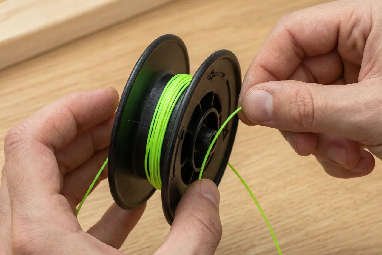 Close-up of hands winding trimmer line onto a spool following direction arrows.