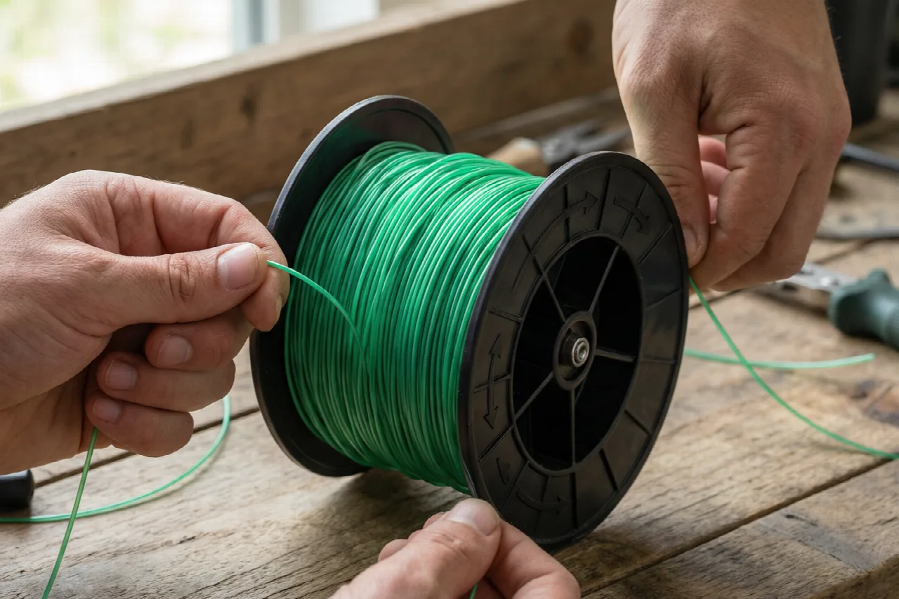 Hands winding new trimmer line onto a spool following directional arrows