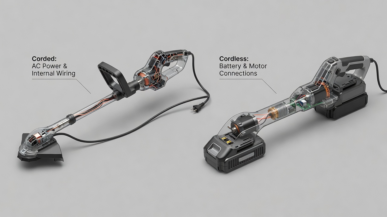 Side-by-side comparison of corded and cordless electric weed eater internal wiring