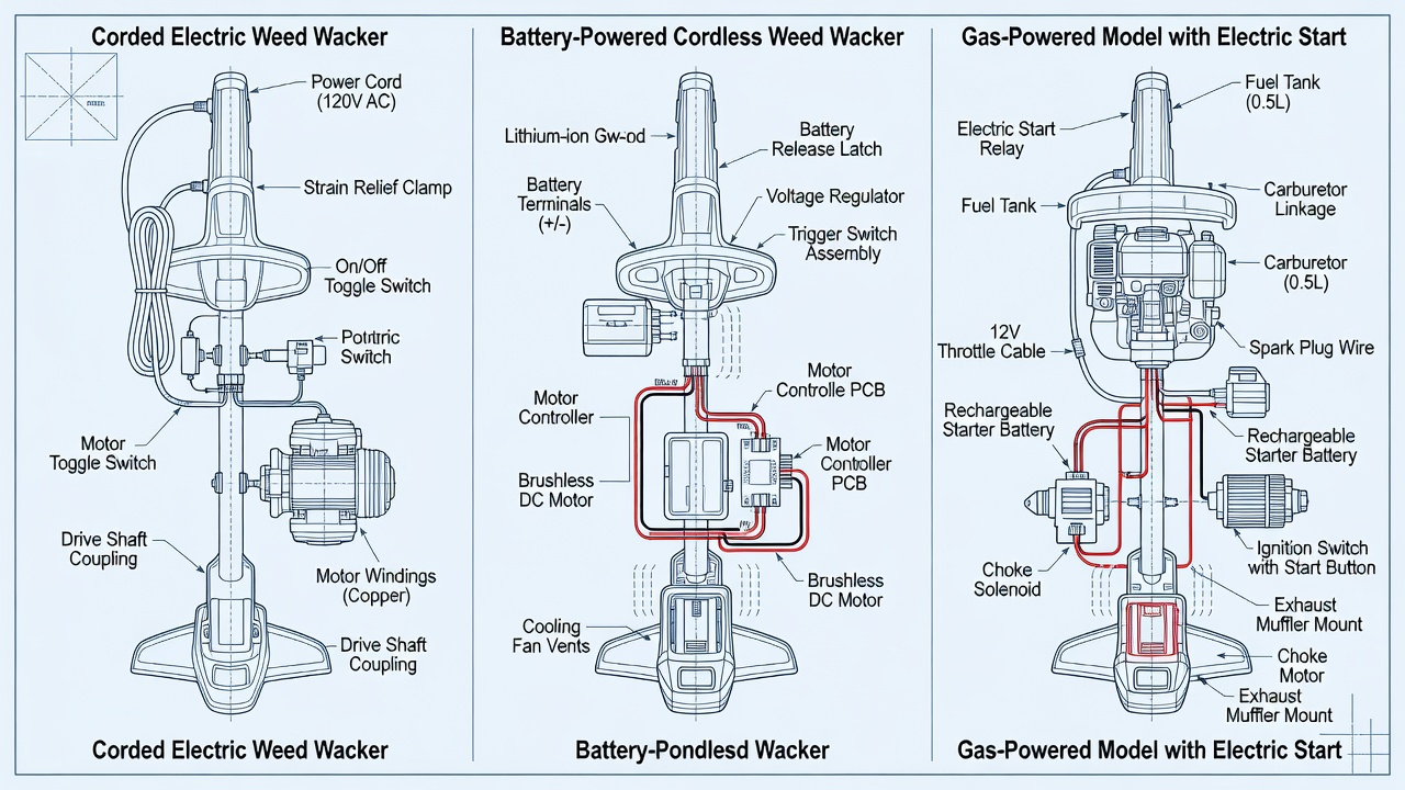 Comparison of internal wiring systems for three types of weed wackers