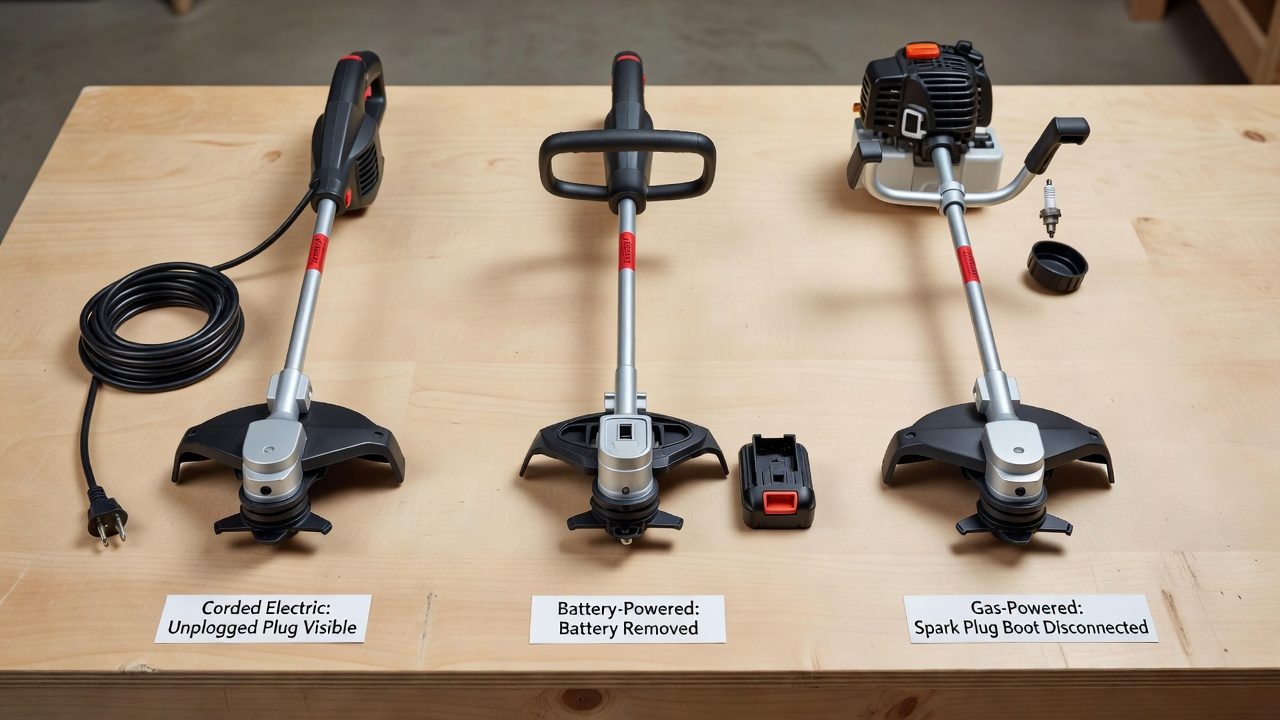 Three types of string trimmers on a workbench, each with its power source disconnected for safety.