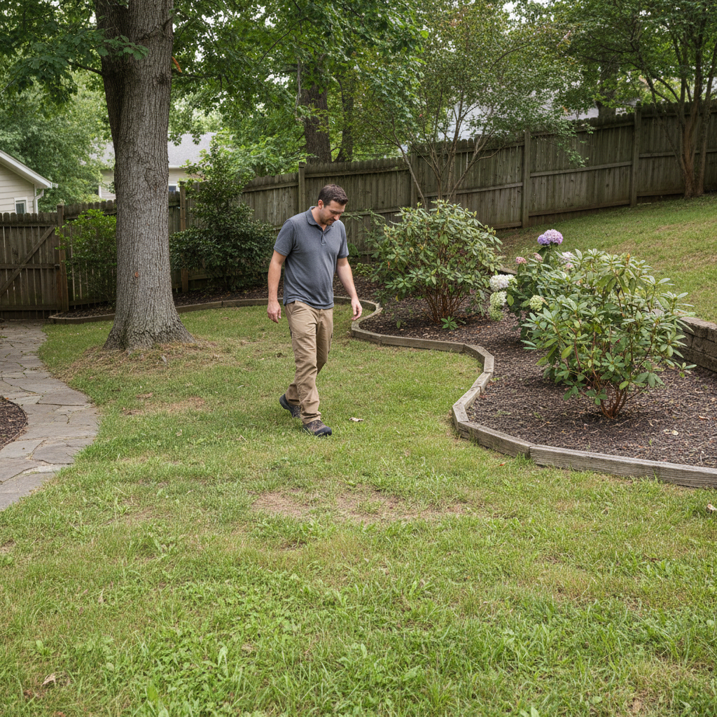 Person walking a residential yard and noticing trees, beds, and a side path