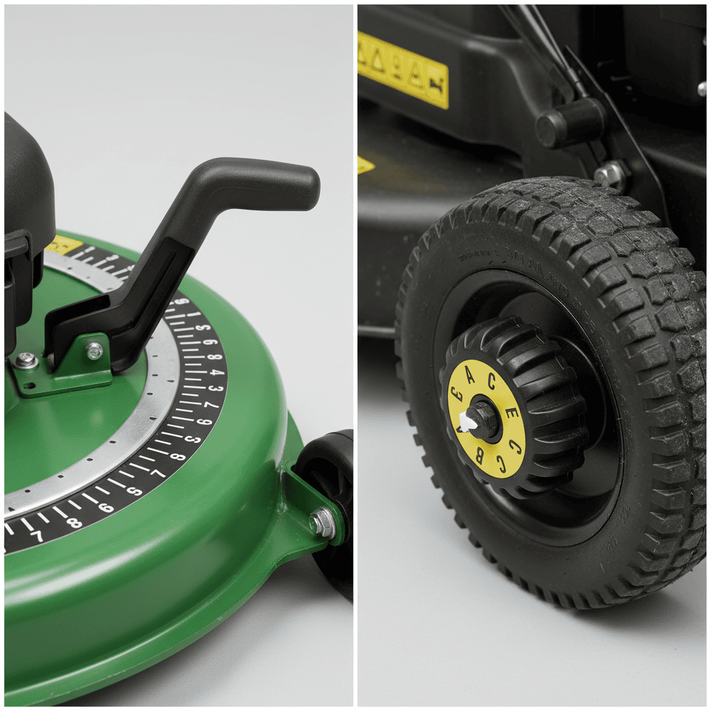 How Do I Set My Lawn Mower Height to 3 Inches? (Step-by-Step Guide) Comparison of a single deck-height lever and an individual wheel adjuster knob on lawn mowers.