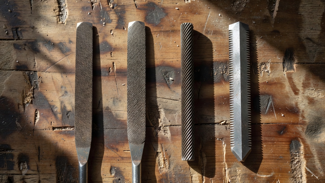 How Do You Sharpen a Blade with a File? (Step-by-Step Guide for Any Blade Type) Four types of metalworking files arranged side by side on a wooden workbench showing different tooth patterns