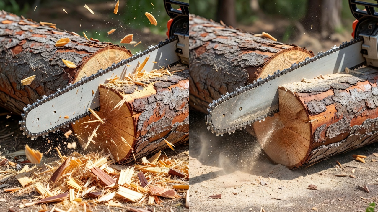 Side-by-side comparison of coarse chips from a sharp chainsaw chain versus fine dust from a dull chain