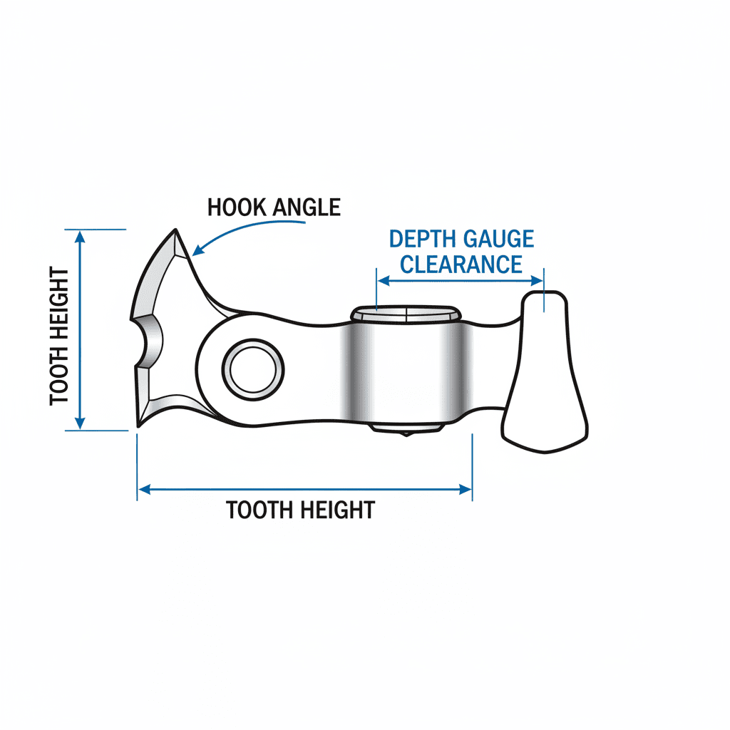 Labeled diagram of chainsaw chain anatomy showing cutting teeth, depth gauges, and drive links
