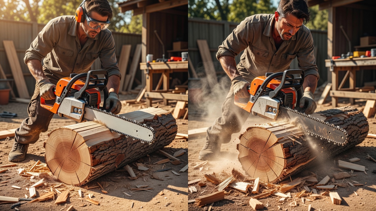 Comparison showing a sharp chainsaw cutting cleanly versus a dull chain struggling through wood