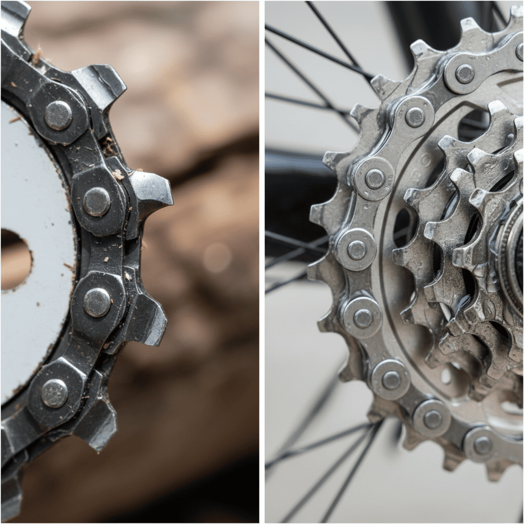 How to Sharpen a Chain: A Step-by-Step Guide for Different Chain Types Side-by-side comparison of a sharpened chainsaw chain tooth and a maintained bicycle chain.