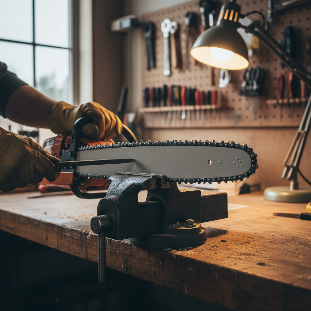 Chainsaw clamped in a bar vise with a round file positioned against the chain cutter