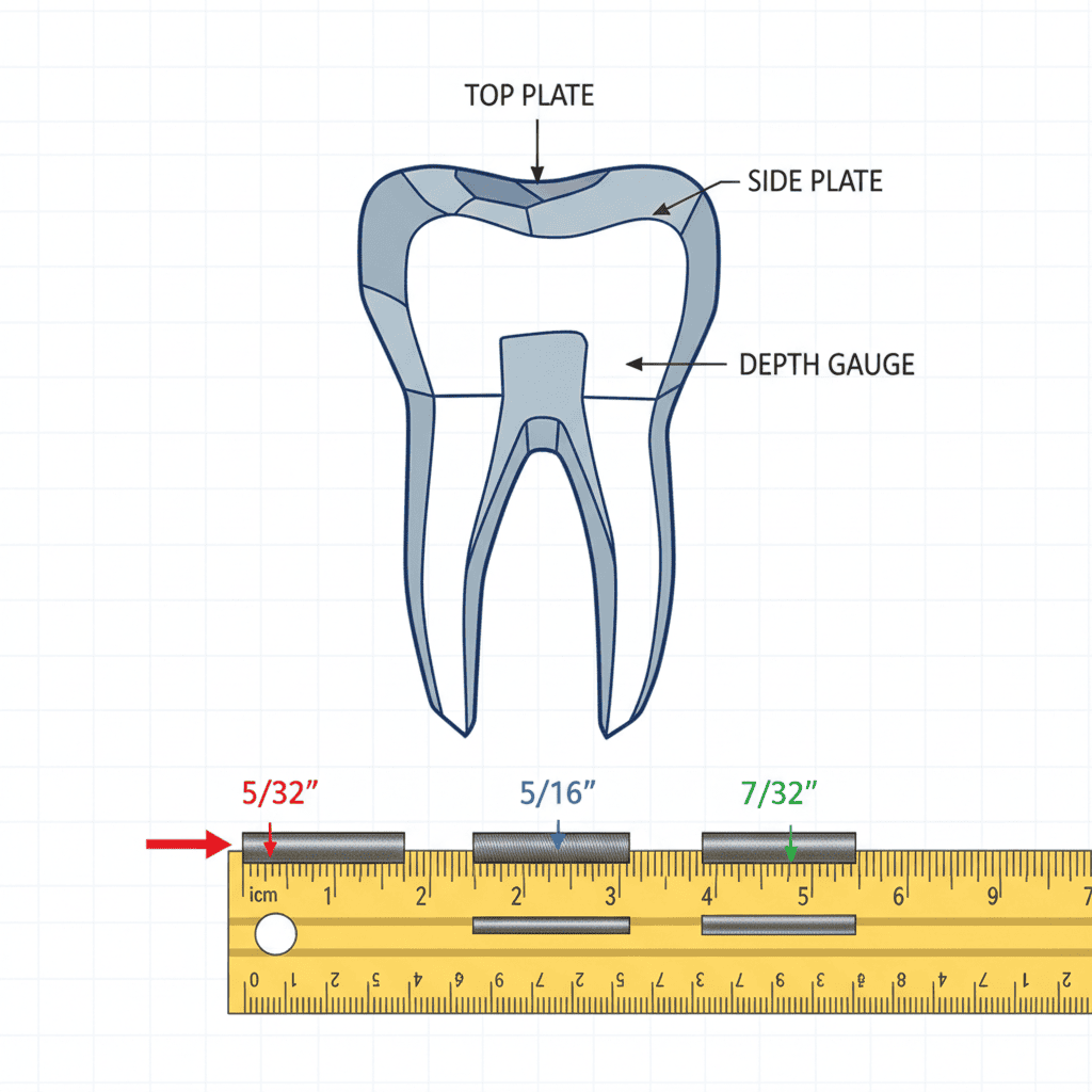Chainsaw tooth anatomy and round file size comparison