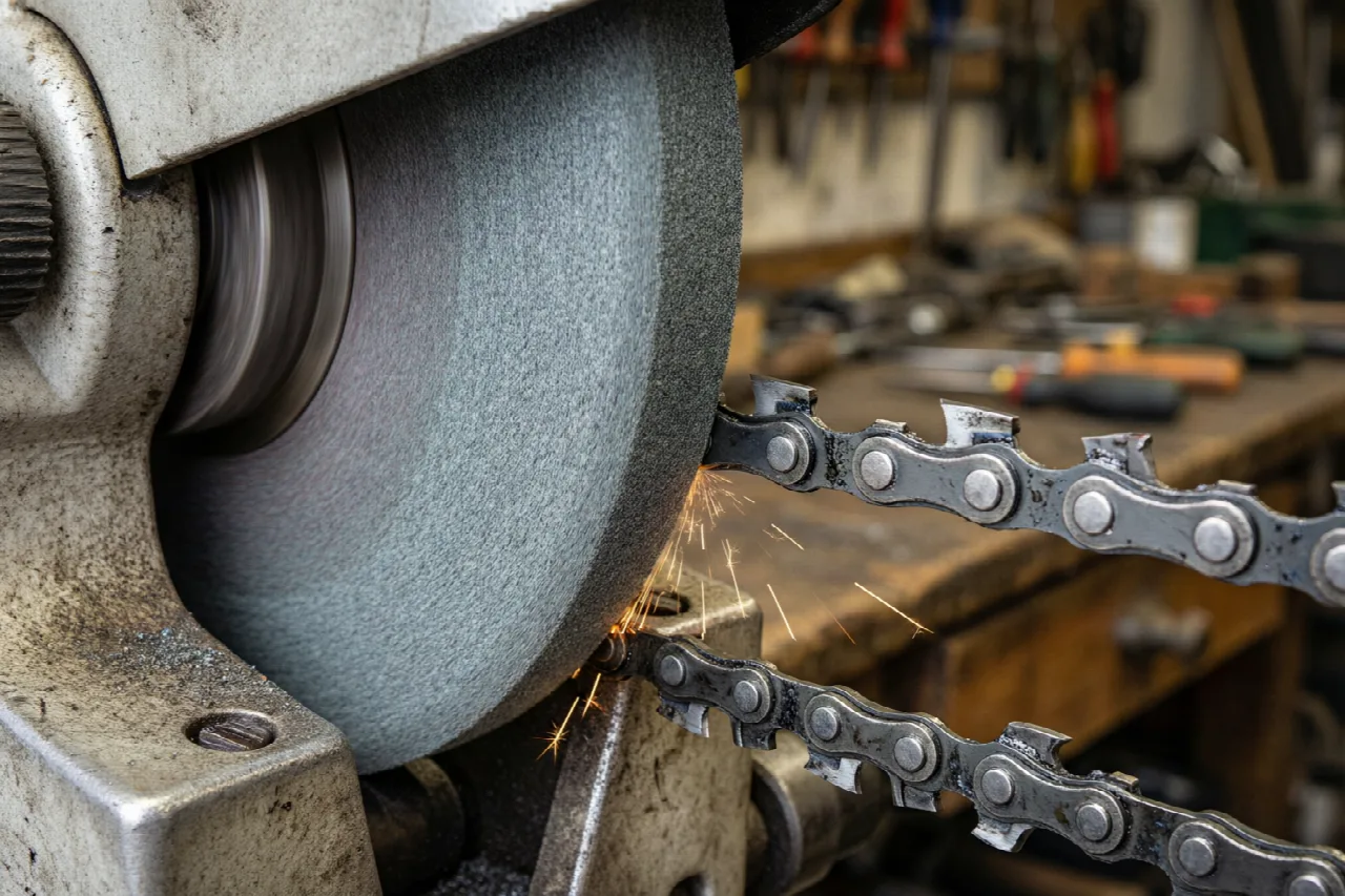 Close-up of a grinding wheel sharpening a chainsaw cutter