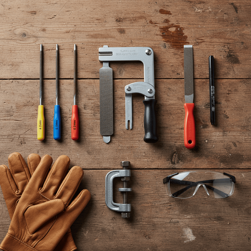 Complete set of hand sharpening tools for chainsaws arranged on workbench