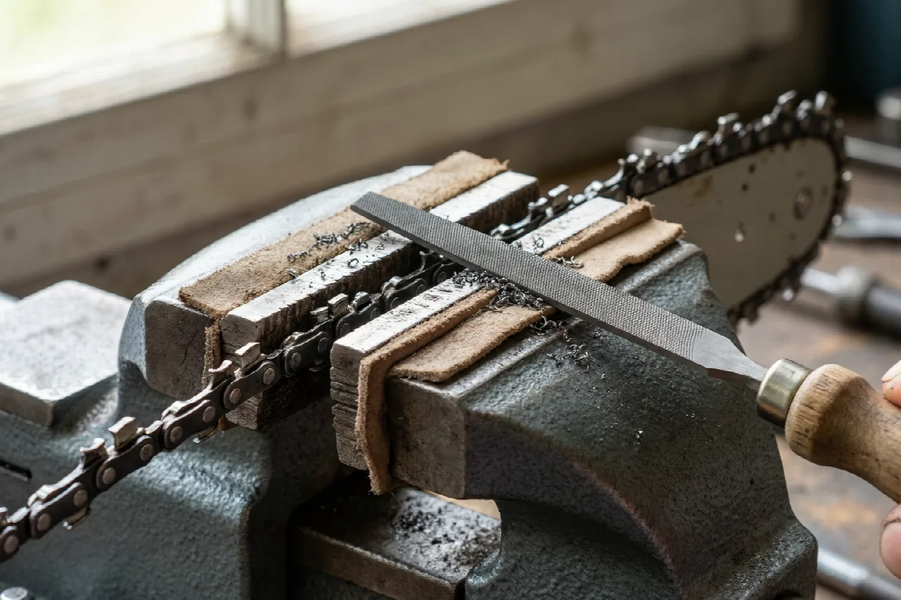 Proper hand-filing technique for sharpening chainsaw chain cutters