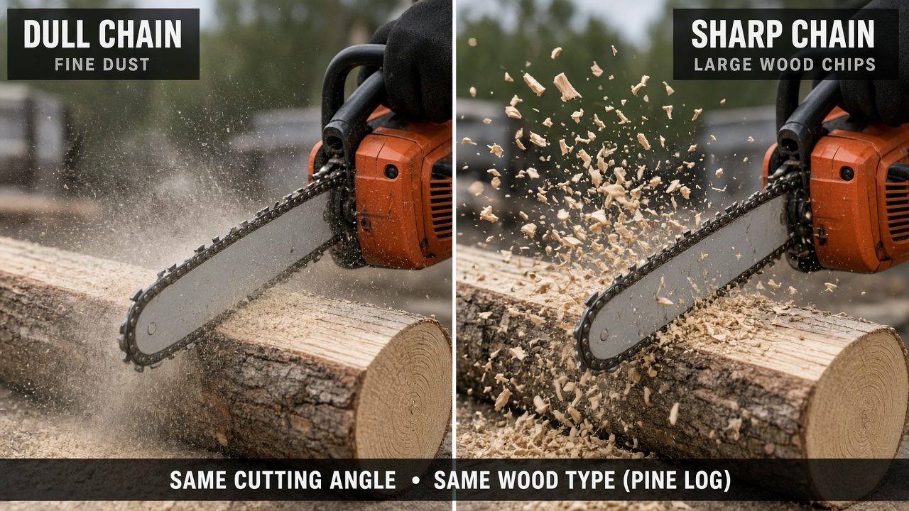 Why Is My Chainsaw Chain Dull? (Recognizing When Sharpening Is Needed) Comparison of fine sawdust from dull chain versus coarse chips from sharp chain