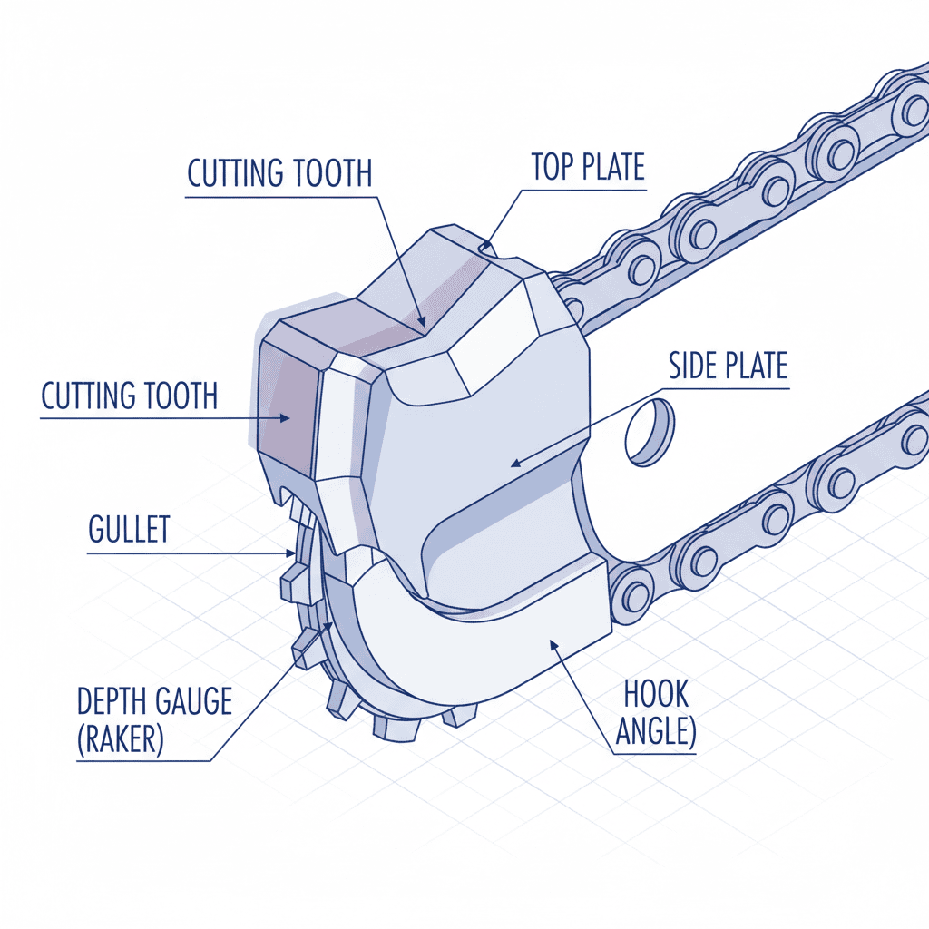Labeled diagram of chainsaw tooth components and their functions