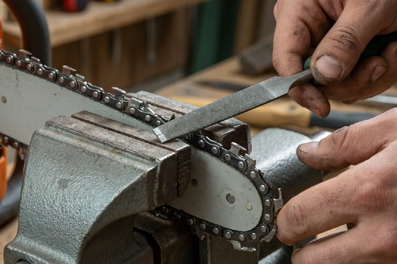 Chainsaw chain secured and being sharpened with correct file angle and hand technique.