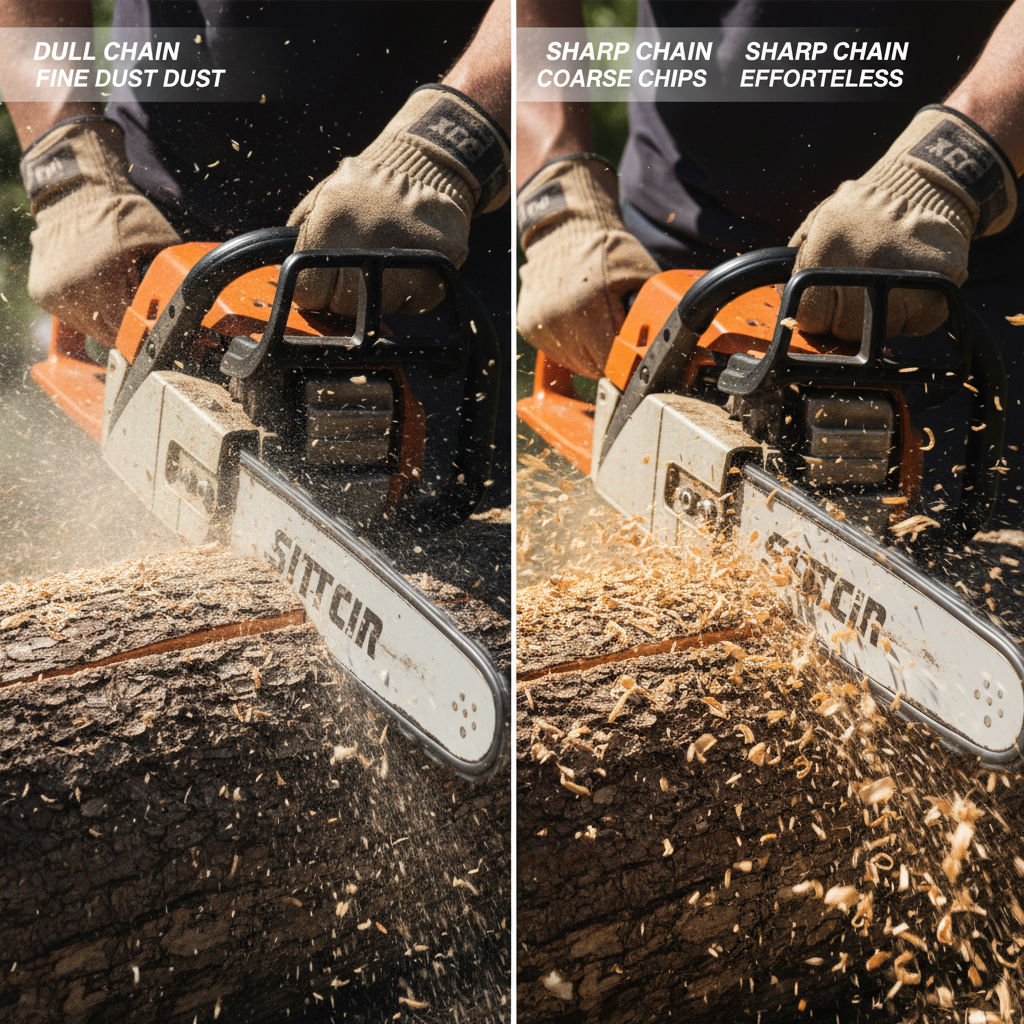 Comparison of a dull chainsaw chain producing sawdust versus a sharp chain ejecting large wood chips while cutting.