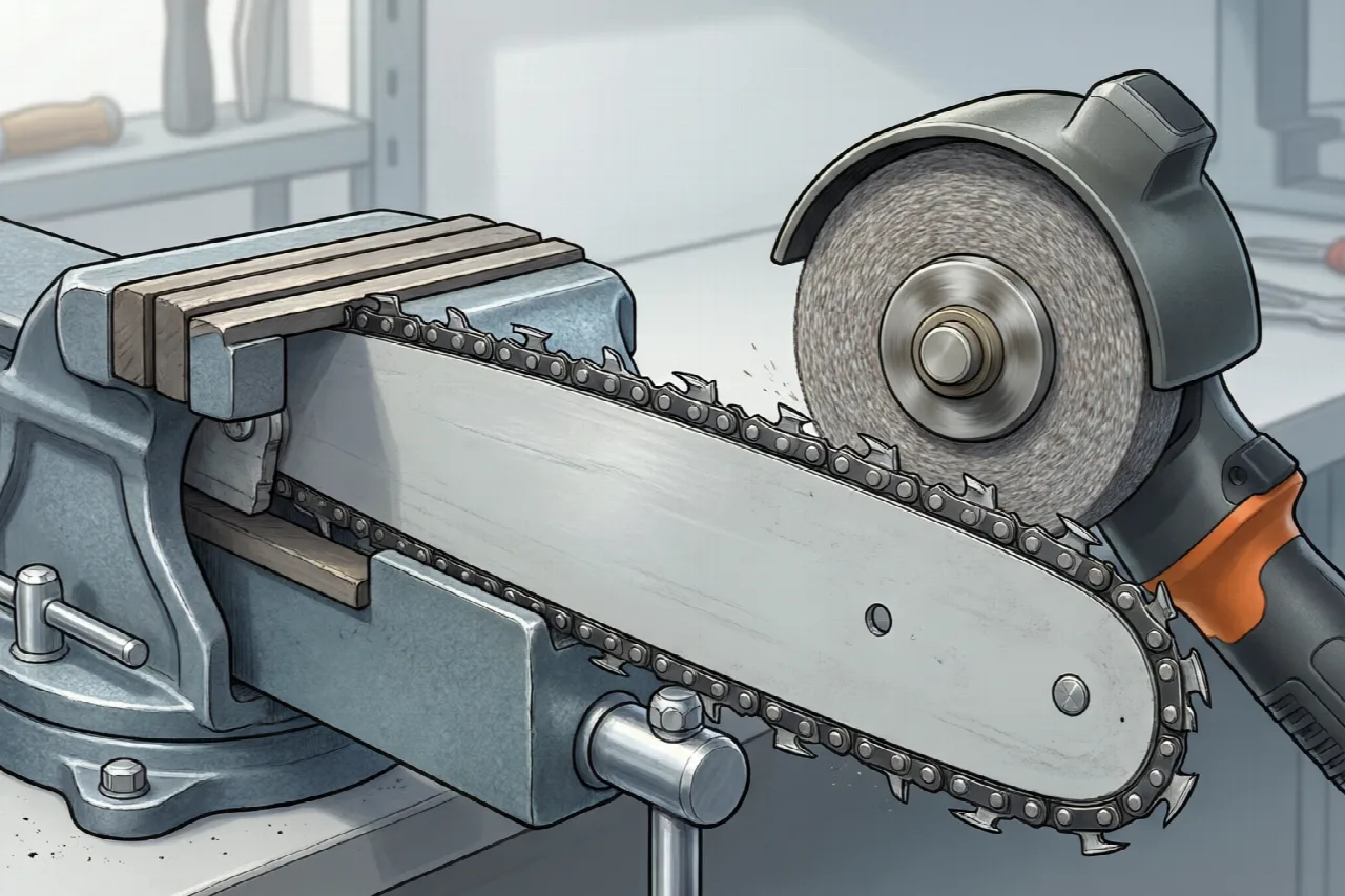 Chainsaw bar clamped in a bench vise with electric sharpener aligned to the cutter