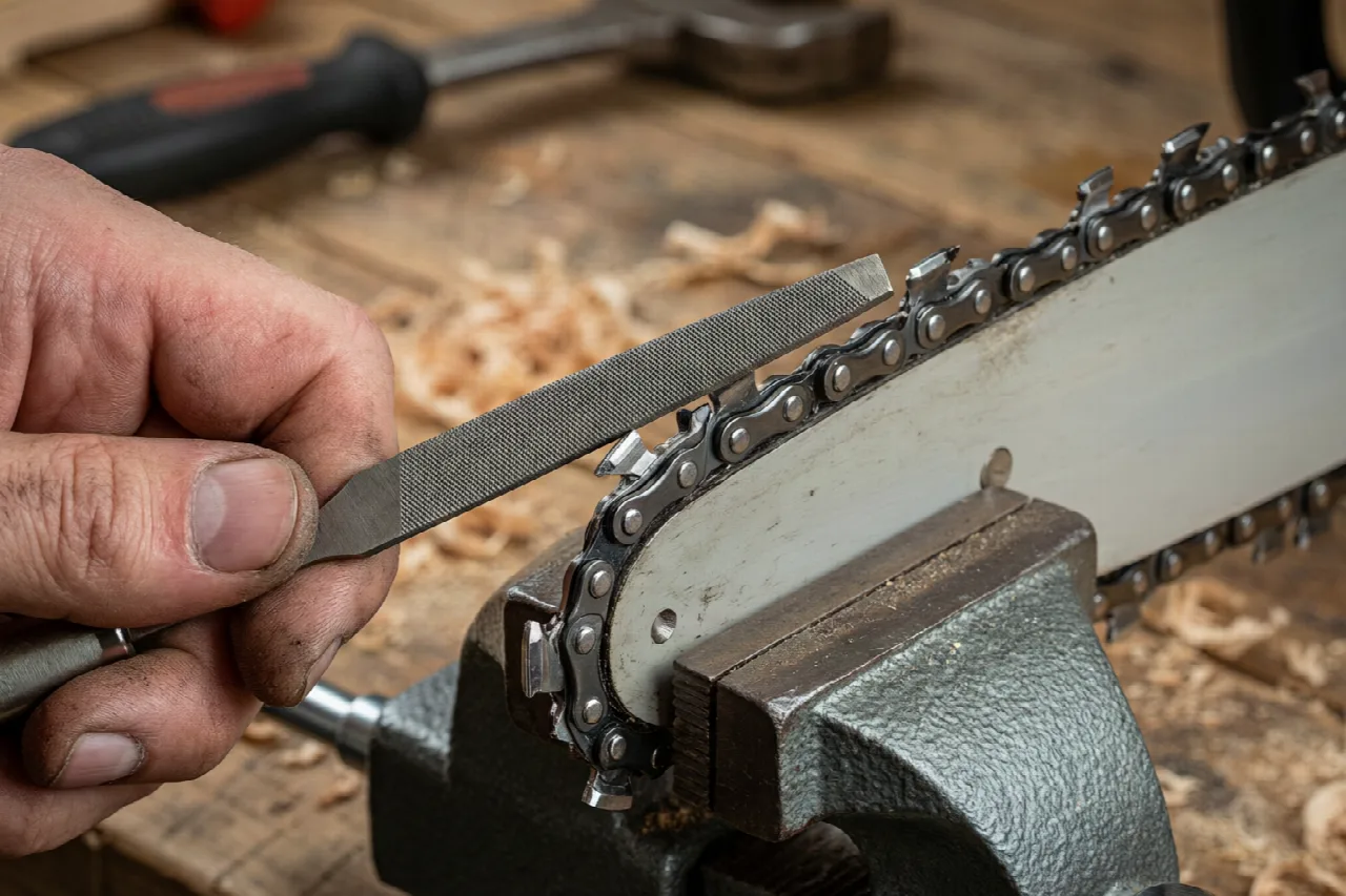 Proper hand-filing technique for sharpening a chainsaw tooth with a round file at correct angle