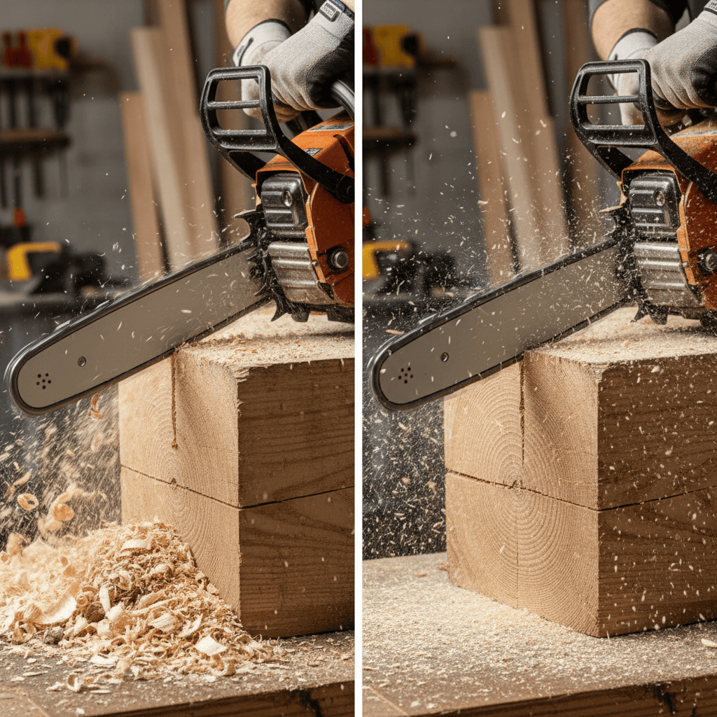 Comparison of sharp chainsaw producing chips versus dull chainsaw producing sawdust