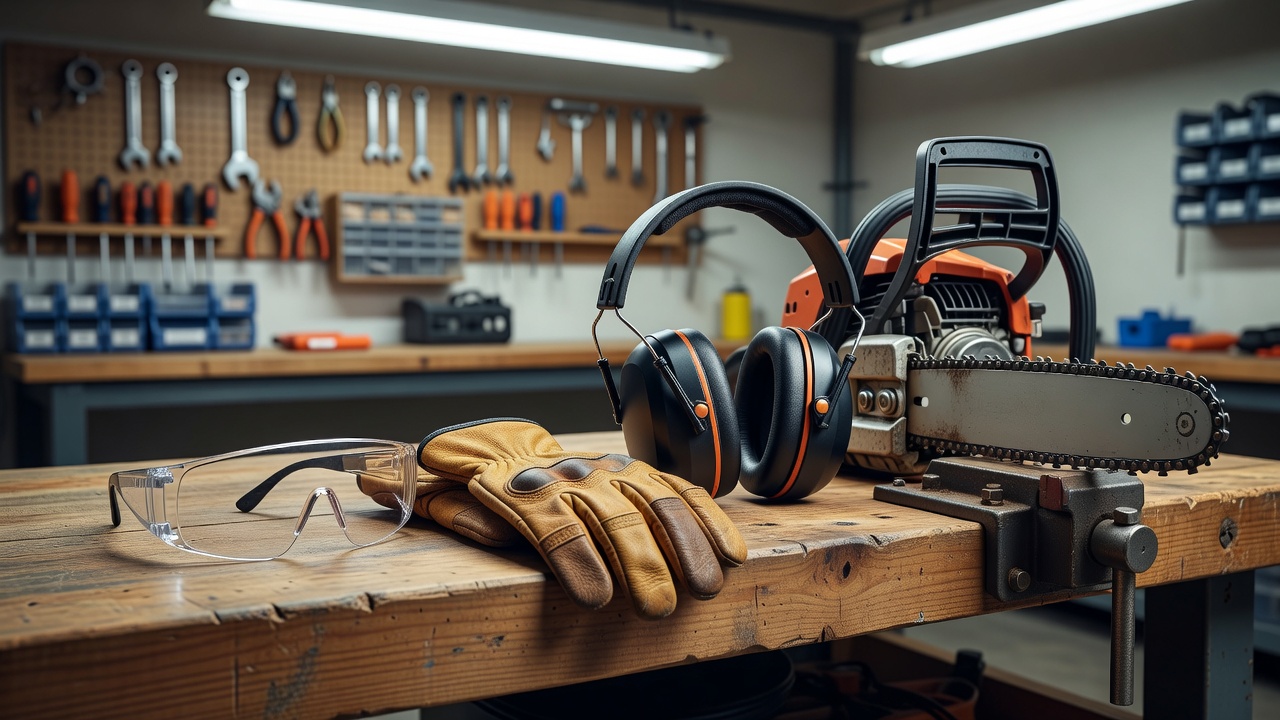 Safety glasses, gloves, and ear protection laid out on a bench next to a secured chainsaw.