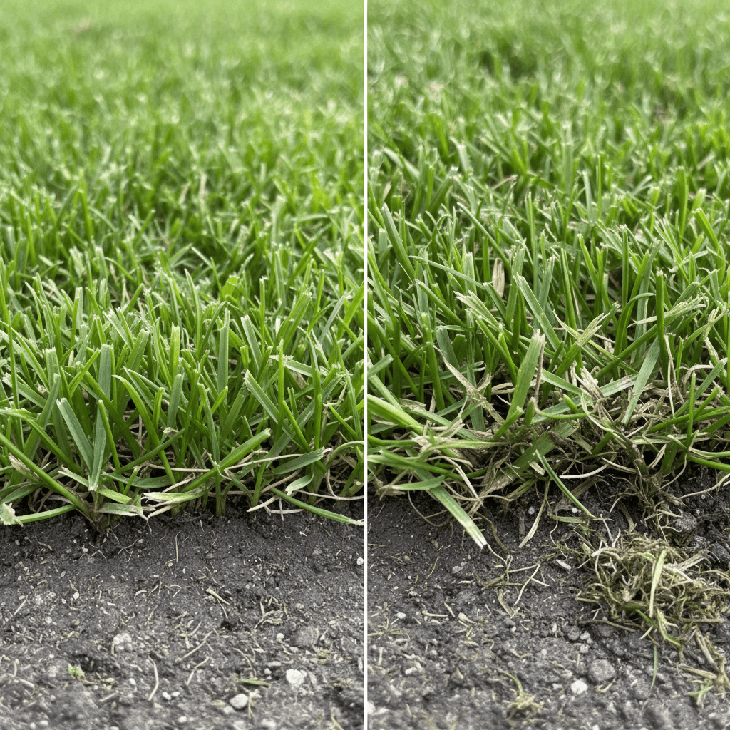 Comparison of clean grass cut from sharp blade versus torn grass from dull blade