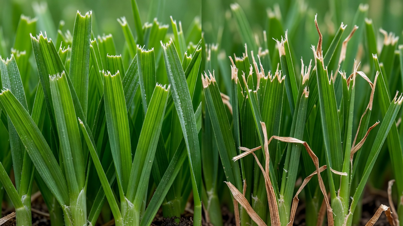 Side-by-side comparison of grass cut by a sharp blade versus a dull blade showing frayed brown tips