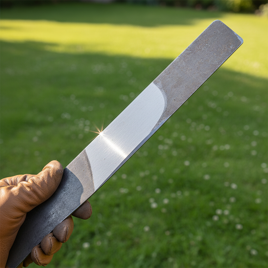 How to Sharpen a Lawnmower Blade: A Safe Step-by-Step Guide A sharpened lawnmower blade held outdoors with a green lawn blurred in the background