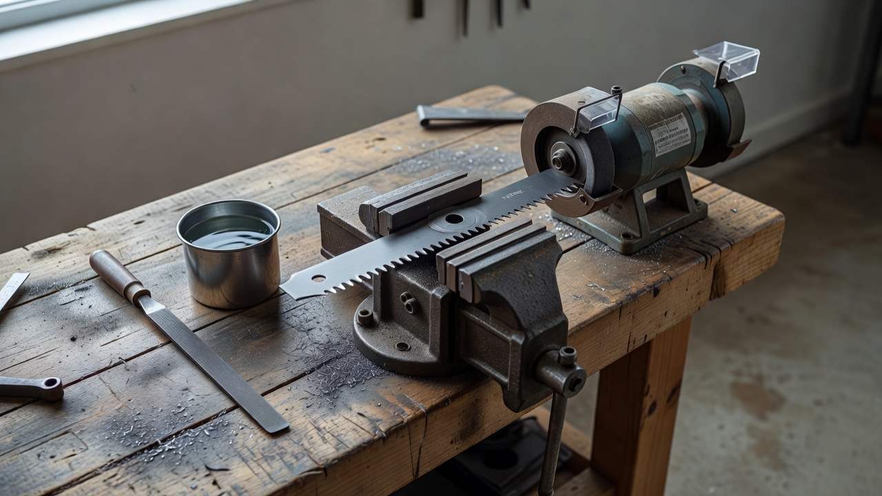 Overhead view of a lawnmower blade clamped in a vise next to a bench grinder with water and a file on the workbench