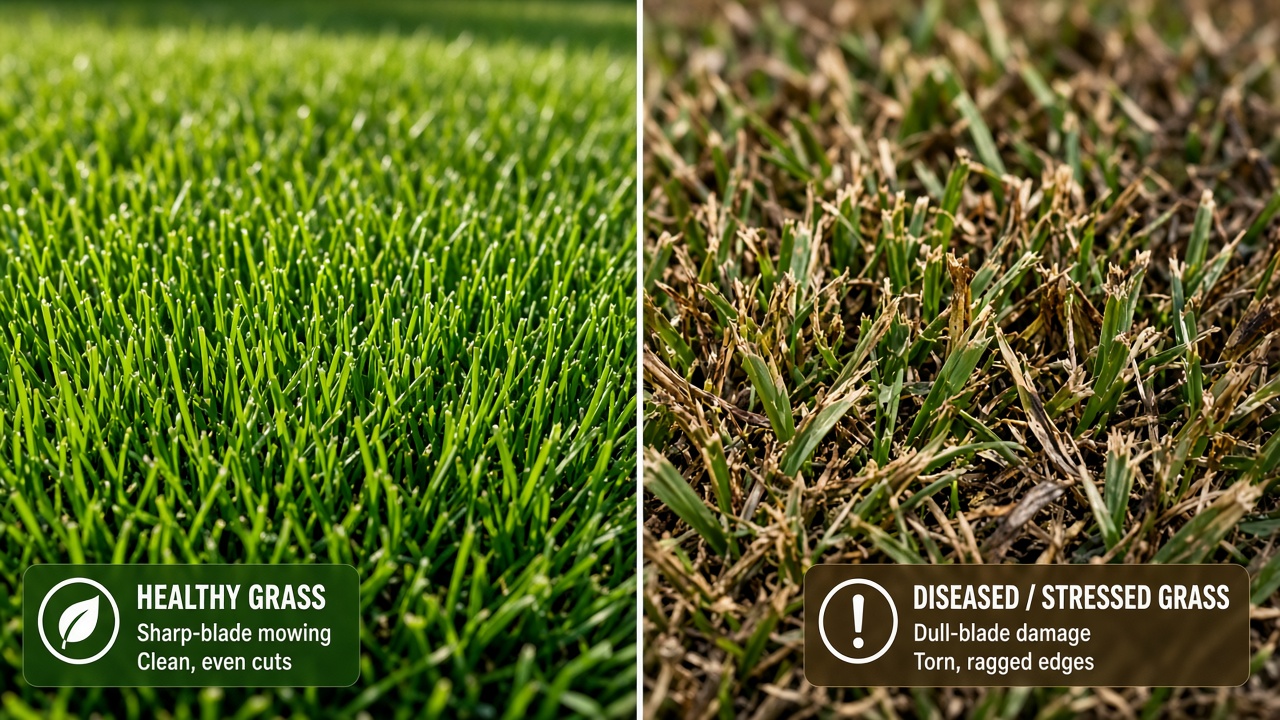 Why Sharpen Your Mower Blade — and How Often Comparison of grass cut by sharp blade versus torn grass from dull blade