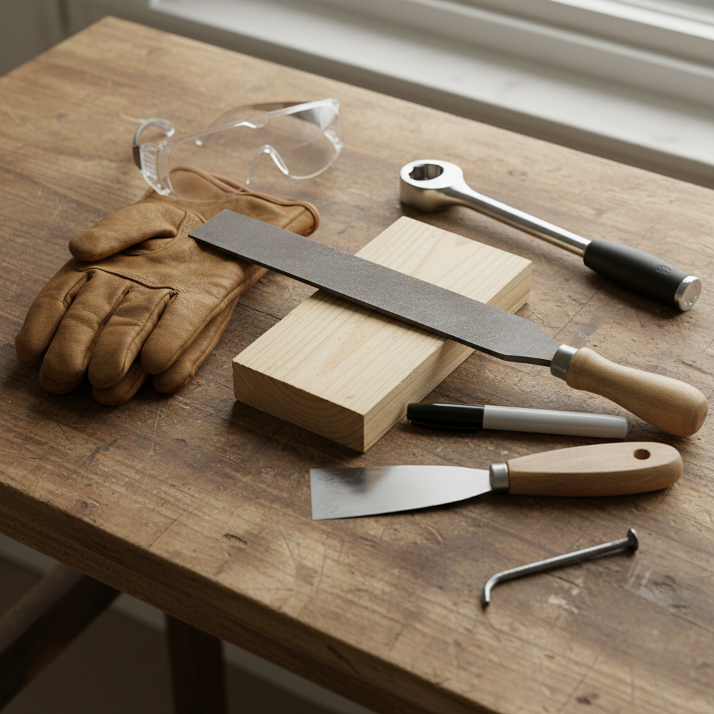 Hand file, gloves, glasses, and wrench laid out on a bench