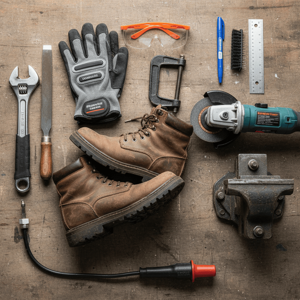 Complete collection of safety equipment and tools needed for push mower blade sharpening laid out on a workbench