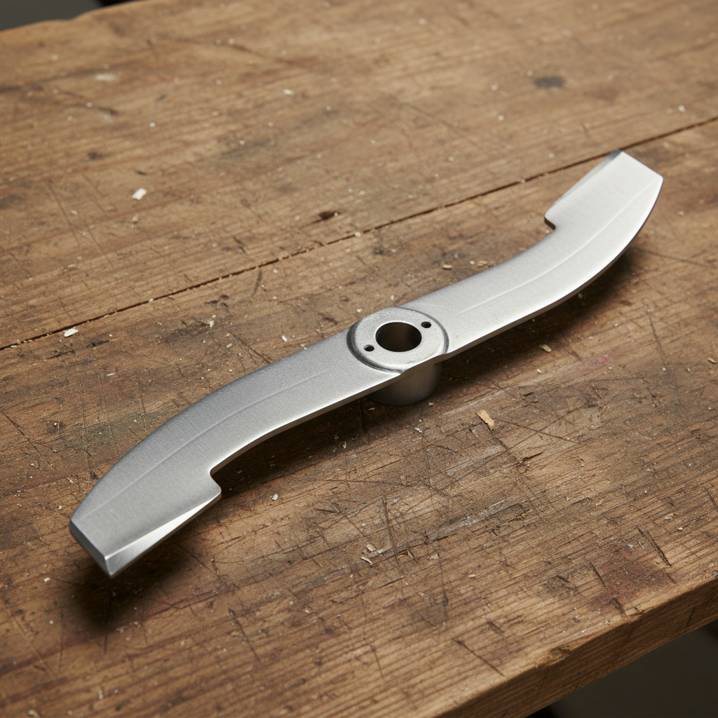 A steel rotary mower blade on a bench, showing two beveled ends and raised lifts.