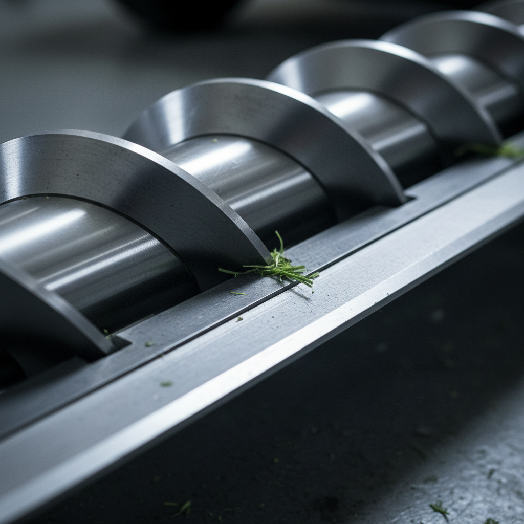 Close-up of helical reel blades meeting a stationary bedknife