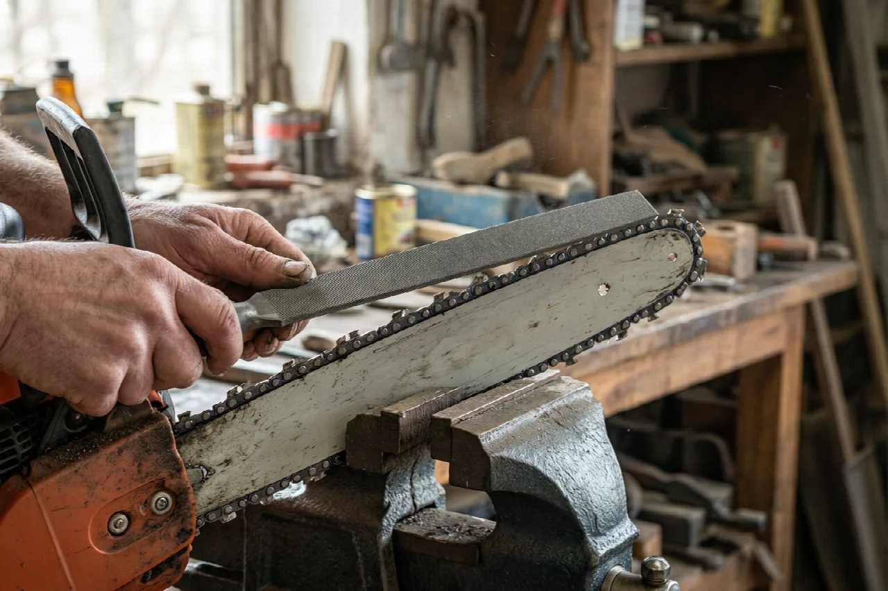 Hands filing the top plate of a chainsaw cutter with a round file