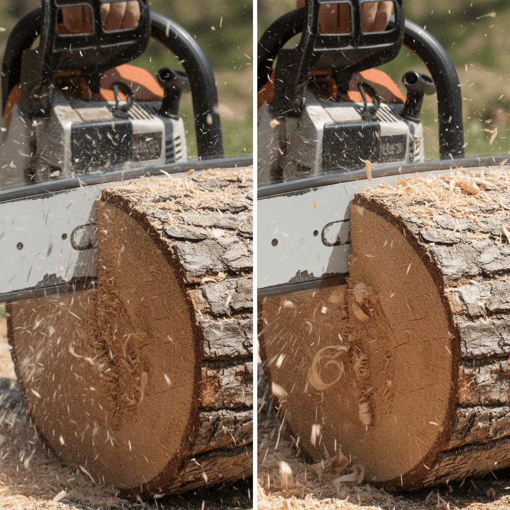 Comparison of cut quality between a dull and a sharp chainsaw chain