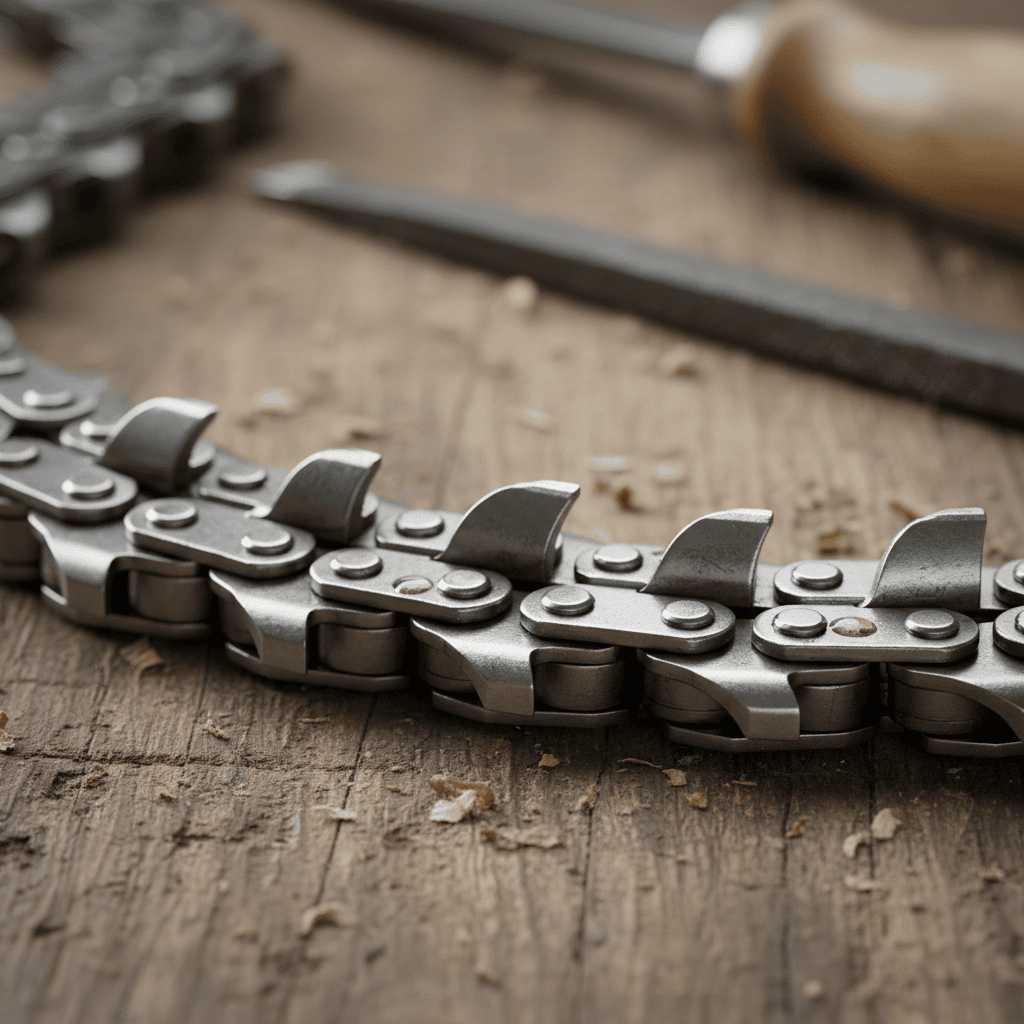 Macro view of a chainsaw chain showing cutter teeth and depth gauges