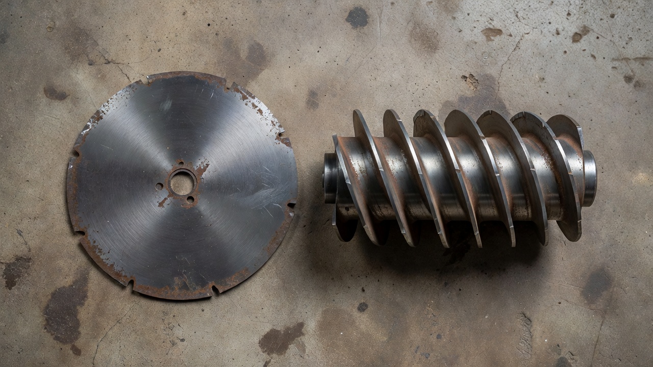 Side-by-side comparison of a rotary mower blade and a reel mower cylinder on a concrete floor