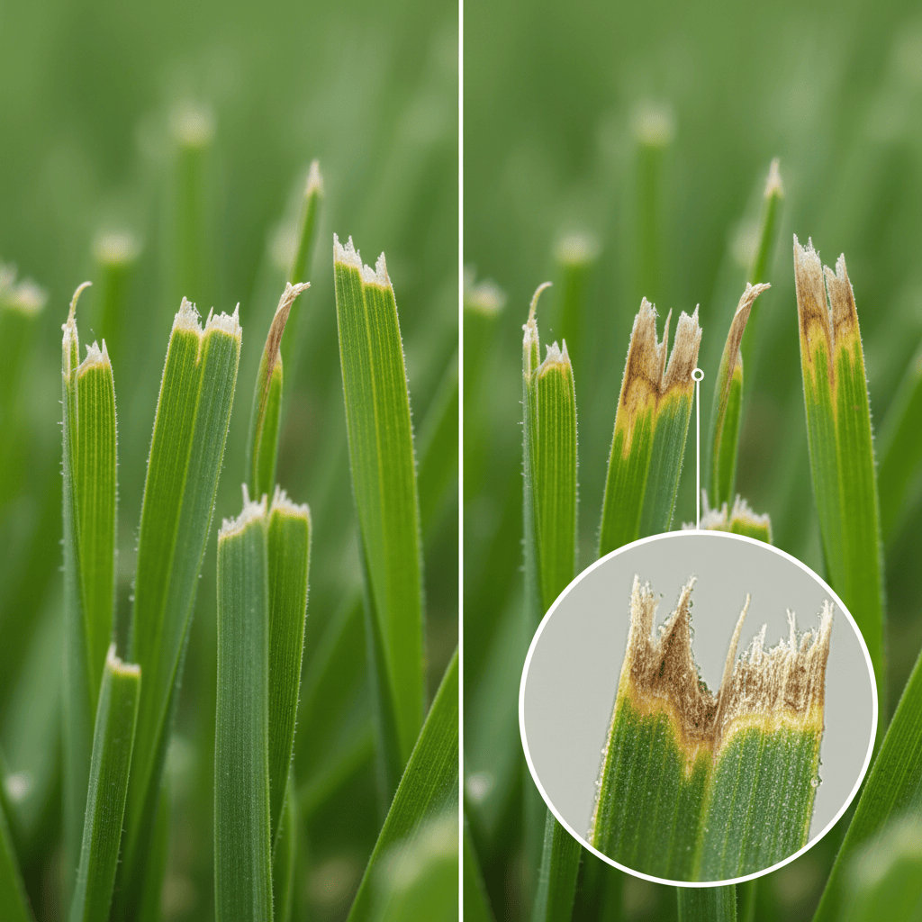 Comparison of clean-cut grass versus torn, brown-tipped grass from dull blades