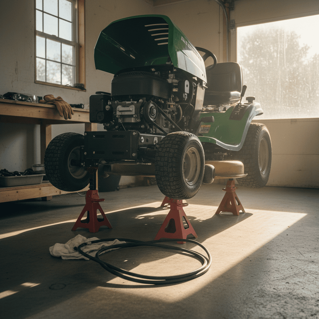 Zero turn mower safely lifted on jack stands with disconnected spark plugs and safety equipment prepared