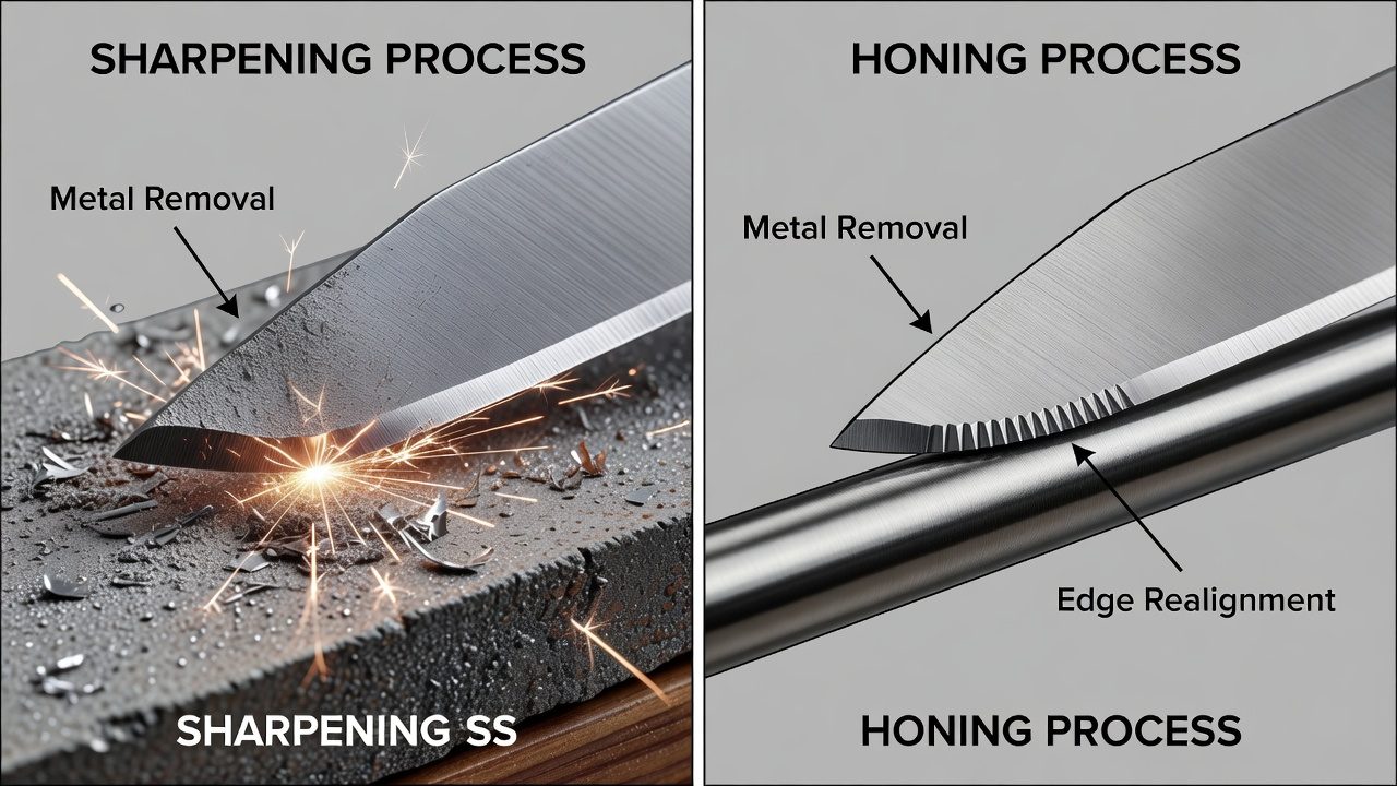 Side-by-side comparison of blade sharpening removing metal versus honing realigning edge teeth