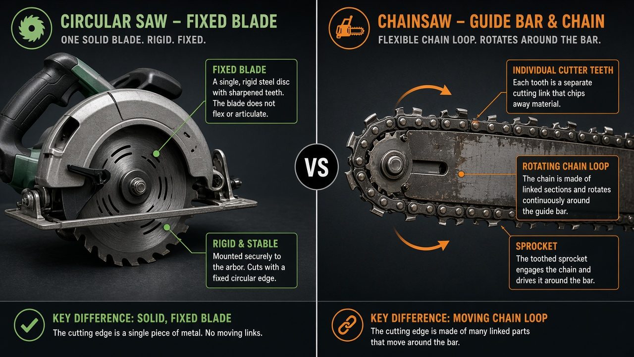 Comparison of circular saw blade versus chainsaw chain with individual cutter teeth