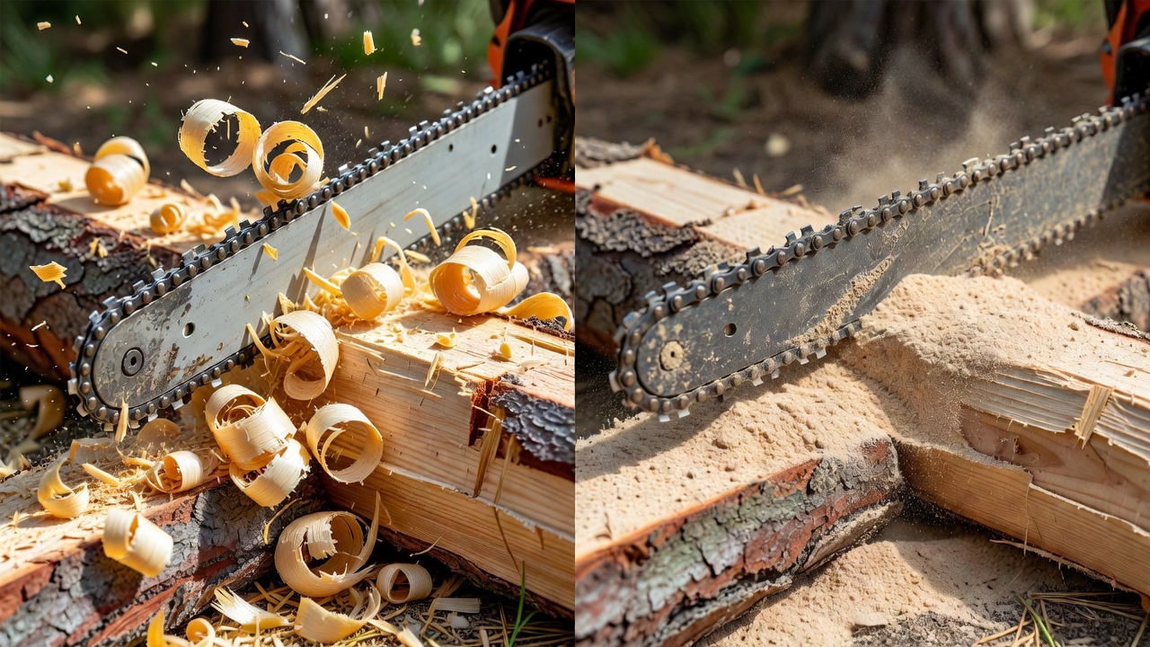 Side-by-side comparison of chunky wood chips from a sharp chainsaw chain versus fine sawdust from a dull chain